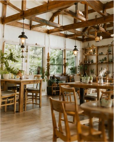 木の梁と観葉植物に囲まれた落ち着いたカフェ店内